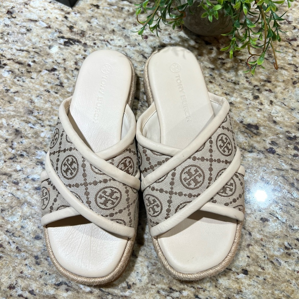 Tory Burch T Monogram Crossband Espadrille Sandals 8M - Picture 3 of 12